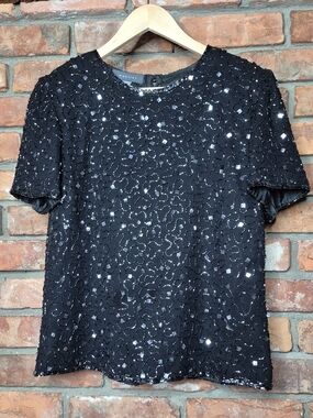 Mantles Black Beaded Sequin Top Medium Luxe Evening Glam Statement